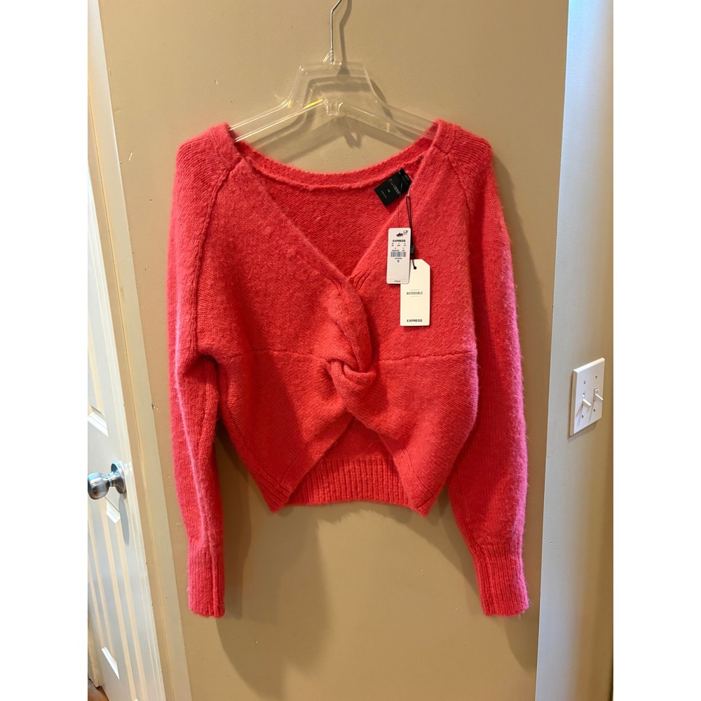 Women's Express Reversible Twist Front V-Neck Sweater Coral Pink XS NWT $89